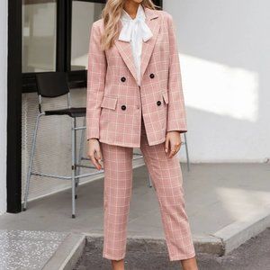 SHEIN / Simplee Dusty Pink Double Button Plaid Blazer & Cropped Pants Set - S